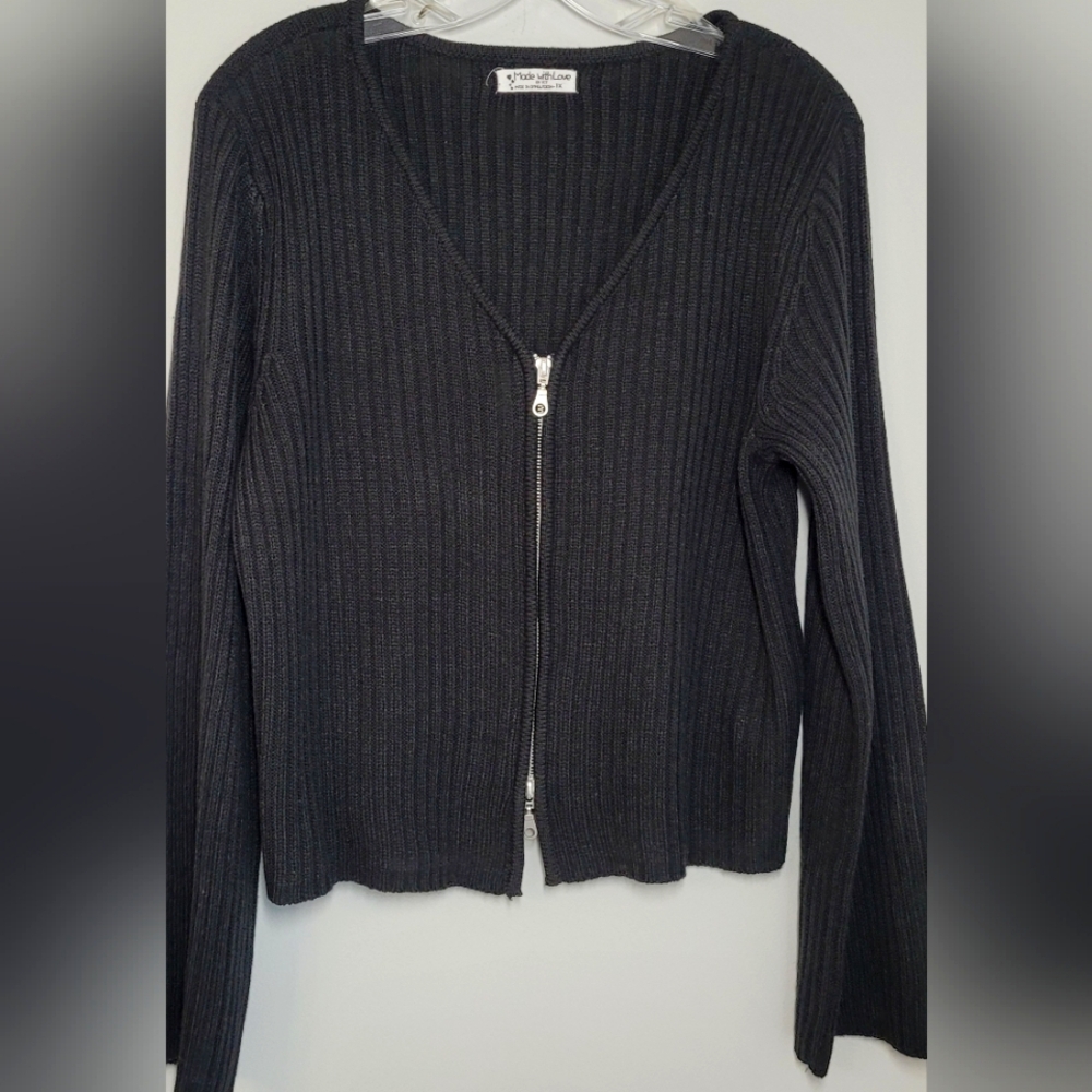 Made w/ Love V-Neck Sweater and Dbl Zipper Black 1X